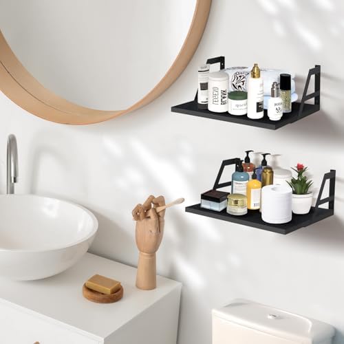 Set of 2 Deep Floating Shelves with Metal Brackets 12 Inches Black