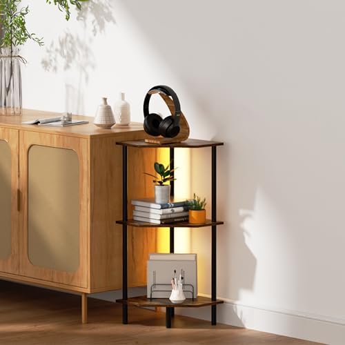 3 Tier Corner Shelf with LED Light and Metal Frame