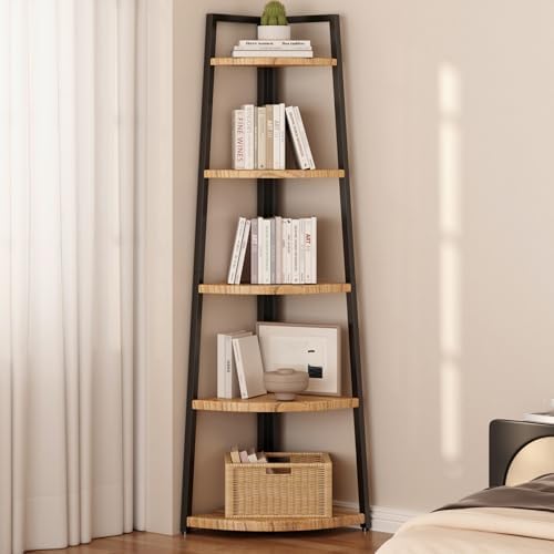 5 Tier Corner Bookshelf Industrial Style Solid Wood Bookcase