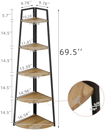 5 Tier Corner Bookshelf Industrial Style Solid Wood Bookcase