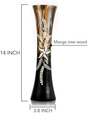 AeraVida 14-inch Curved Brown Wooden Vase with Tropical Flower Design