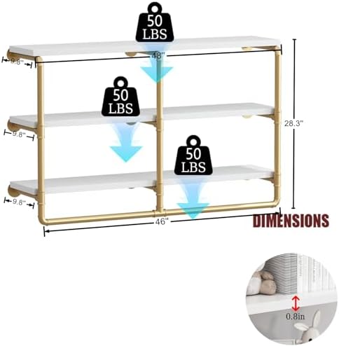 HOMEKAYT 48 Inch 3 Tier Floating Wall Shelves Gold