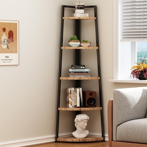 5 Tier Corner Bookshelf Industrial Style Solid Wood Bookcase