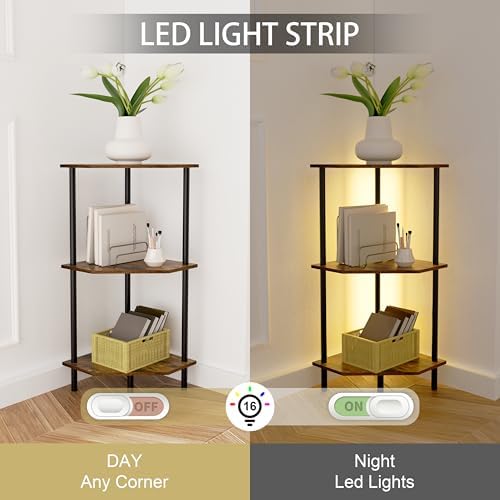3 Tier Corner Shelf with LED Light and Metal Frame