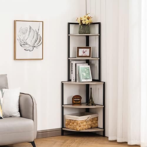 Apicizon 5 Tier Corner Shelf Rustic Grey Industrial Bookcase