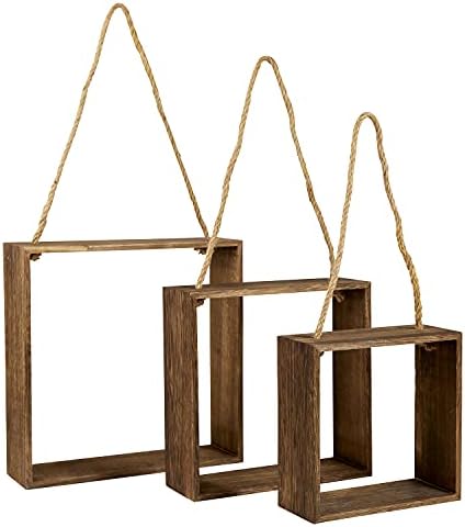 47th Main Wooden Square Floating Wall Shelf Set of 2 Rustic Jute
