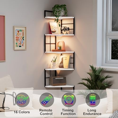 Floating Corner Shelves with Light - 5 Tiers Metal White