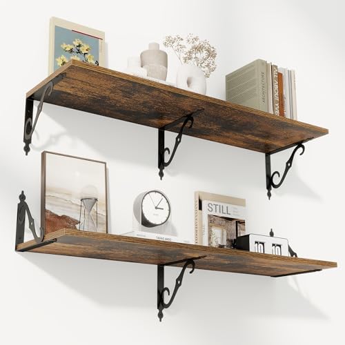 RICHFOCUS 12 Inch Deep Floating Shelves Set of 2 Rustic Brown