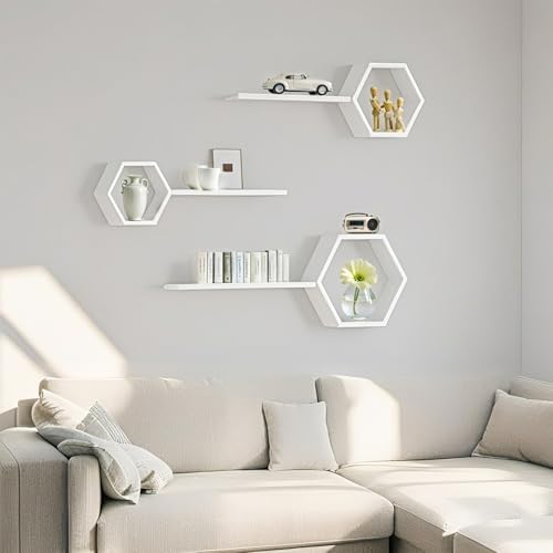 ZGZD Set of 3 White Wooden Hexagon Floating Shelves