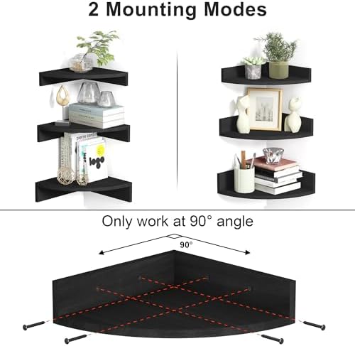 Alsonerbay Black Corner Shelf Wall Mount Set of 3