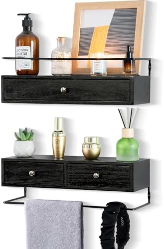 Rustic Floating Shelves with Drawer Set of 2 Black