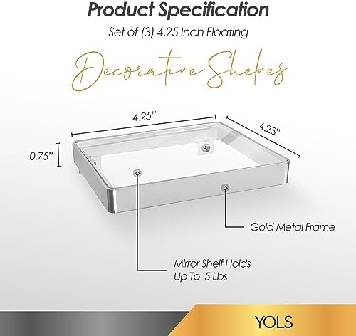YOLS Small Floating Shelf Set of 3 Square Silver Metal with Clear Acrylic