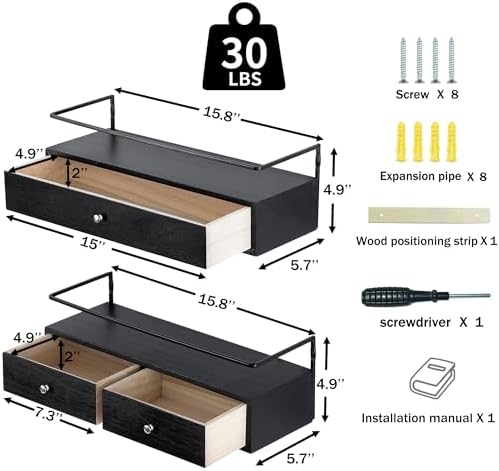 Rustic Floating Shelves with Drawer Set of 2 Black