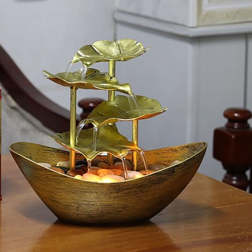 Metallic Gold 4-Tier Tabletop Fountain with Lotus and Ingot Design
