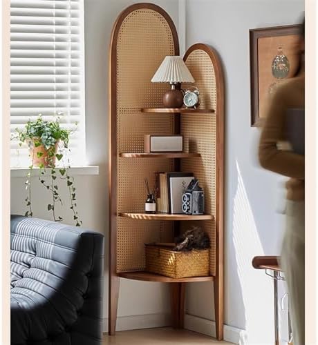 Modern Corner Shelf with 4 Tiers and Rattan Weaving Design
