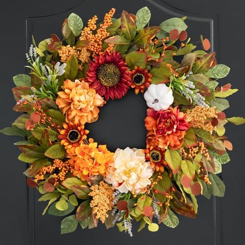 24 Inch Fall Wreath with Peonies Sunflowers and Pumpkins