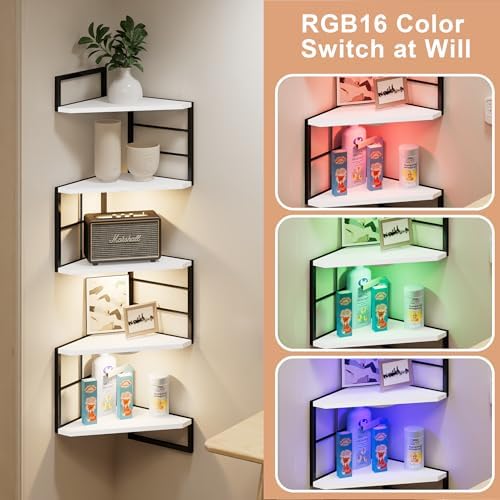 Floating Corner Shelves with Light - 5 Tiers Metal White
