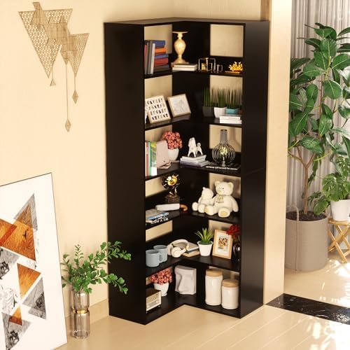 71 Tall Black Corner Bookshelf 6 Tier L-Shape