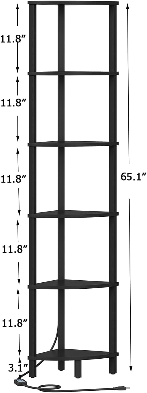 6-Tier Corner Shelf with LED Light Sturdy Black Frame