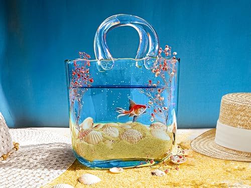 OLEEK Handmade Glass Purse Vase - 10 Inches Blue