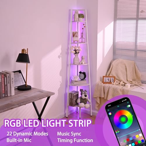 White Corner Shelf with LED Light and Steel Frame