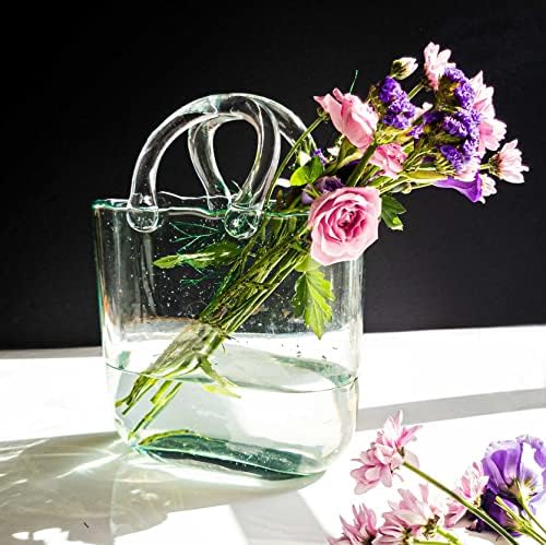 OLEEK Handmade Glass Purse Vase - 10 Inches Blue
