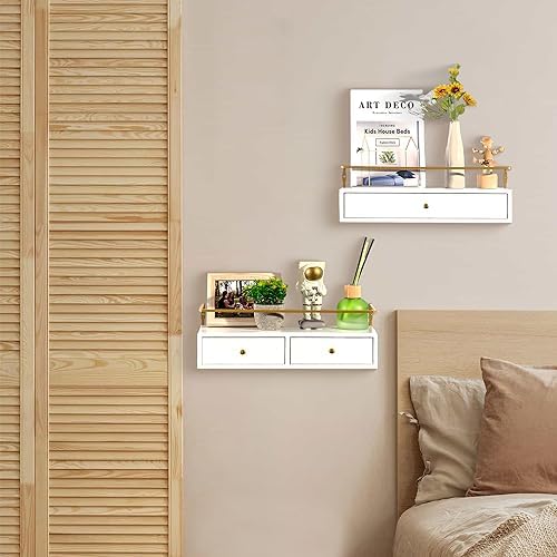 Rustic Floating Shelves With Drawer Set of 2