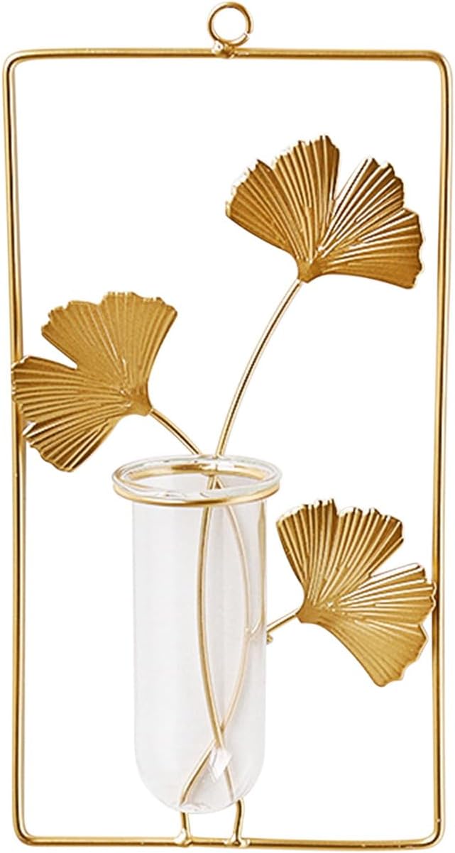 Hanging Gold Wall Decor Glass Vase with Leaf Design