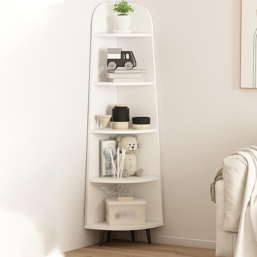 5 Tier Modern Corner Bookshelf with Plant Stand Pink