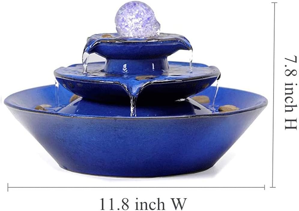 Ceramic Tabletop Fountain Blue with Water Pump and Power Cord