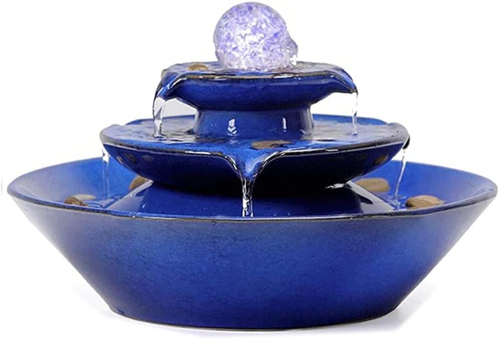 Ceramic Tabletop Fountain Blue with Water Pump and Power Cord