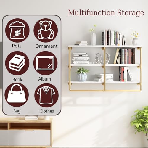 HOMEKAYT 48 Inch 3 Tier Floating Wall Shelves Gold