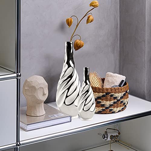 Yundu Ceramic Vase Set of 2 White and Silver Modern Design