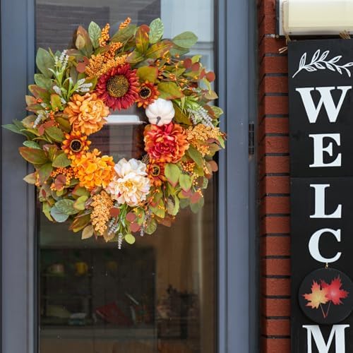 24 Inch Fall Wreath with Peonies Sunflowers and Pumpkins