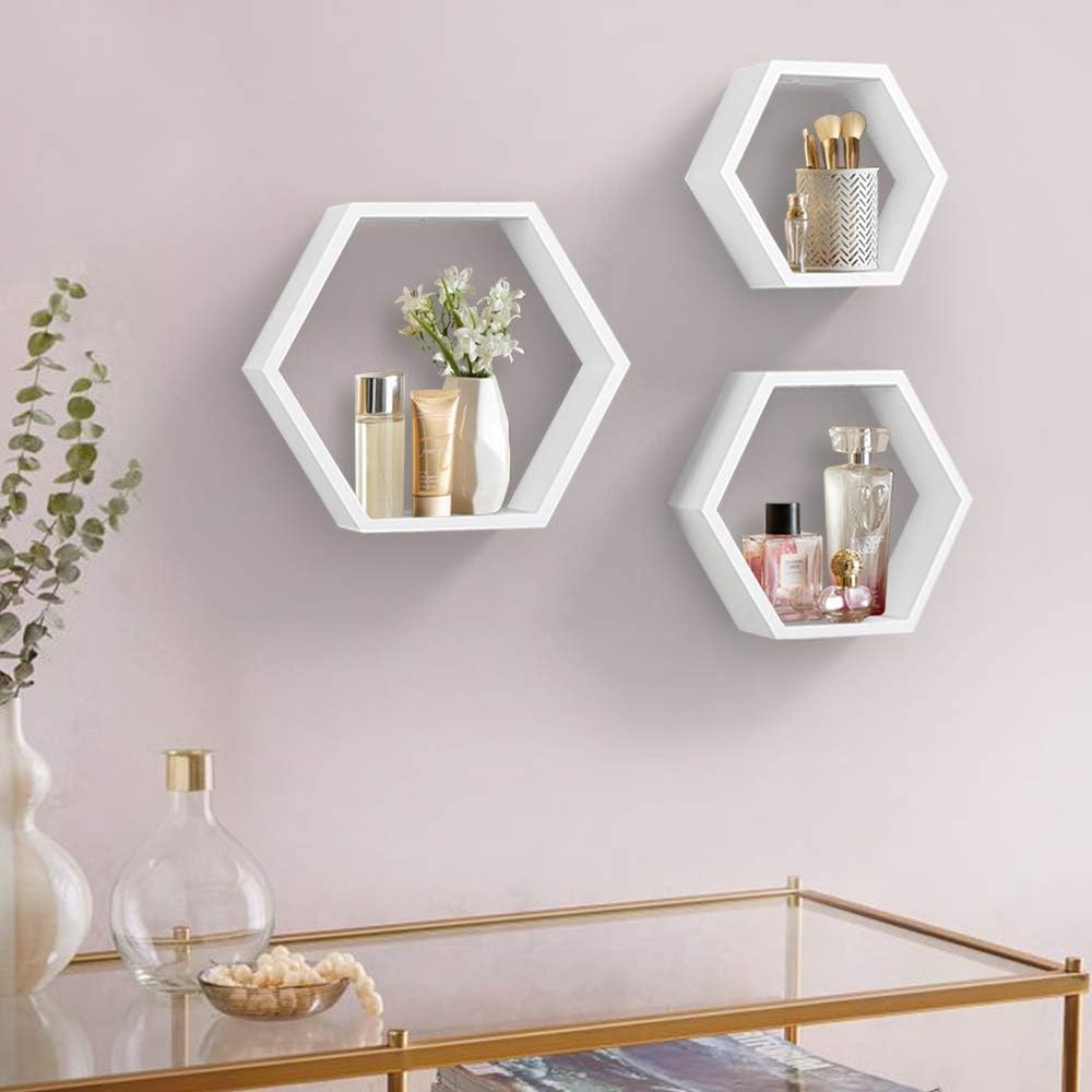 ZGZD Set of 3 White Wooden Hexagon Floating Shelves