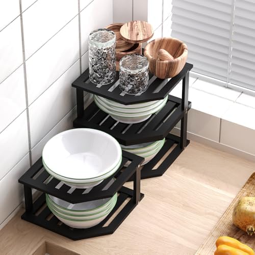 VERTORGAN Bamboo Corner Shelf 3 Pack 2 Tier Organizer Black