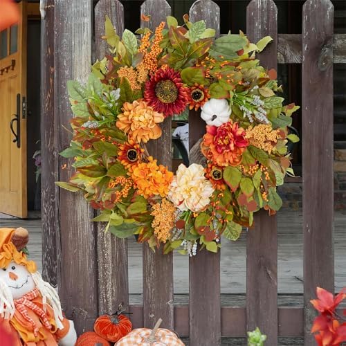 24 Inch Fall Wreath with Peonies Sunflowers and Pumpkins