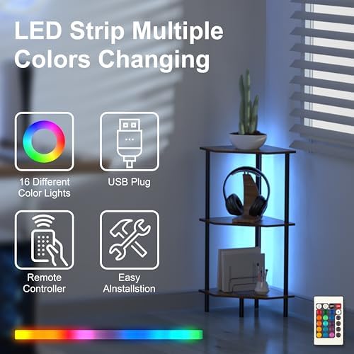 3 Tier Corner Shelf with LED Light and Metal Frame