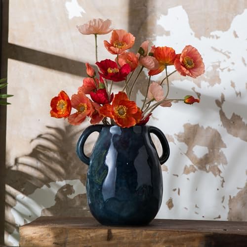 Blue Ceramic Vase with Two Handles for Farmhouse Decor