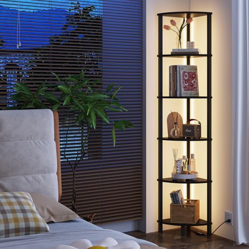 6-Tier Corner Shelf with LED Light Sturdy Black Frame