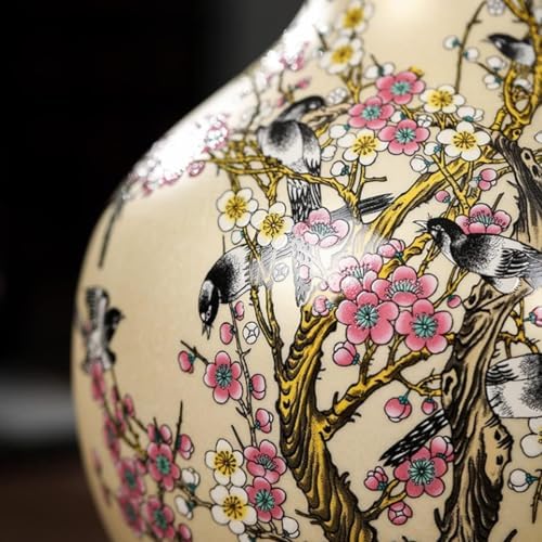 Hand Painted Plum Birds Porcelain Vase with Dried Flower