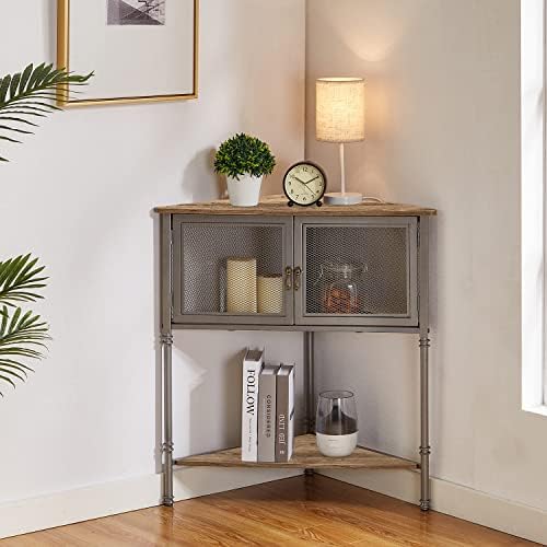 VECELO 3-Tier Corner Shelf with Storage Cabinet Grey