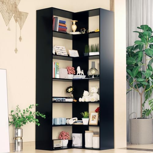 71 Tall Black Corner Bookshelf 6 Tier L-Shape