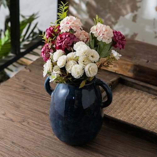 Blue Ceramic Vase with Two Handles for Farmhouse Decor