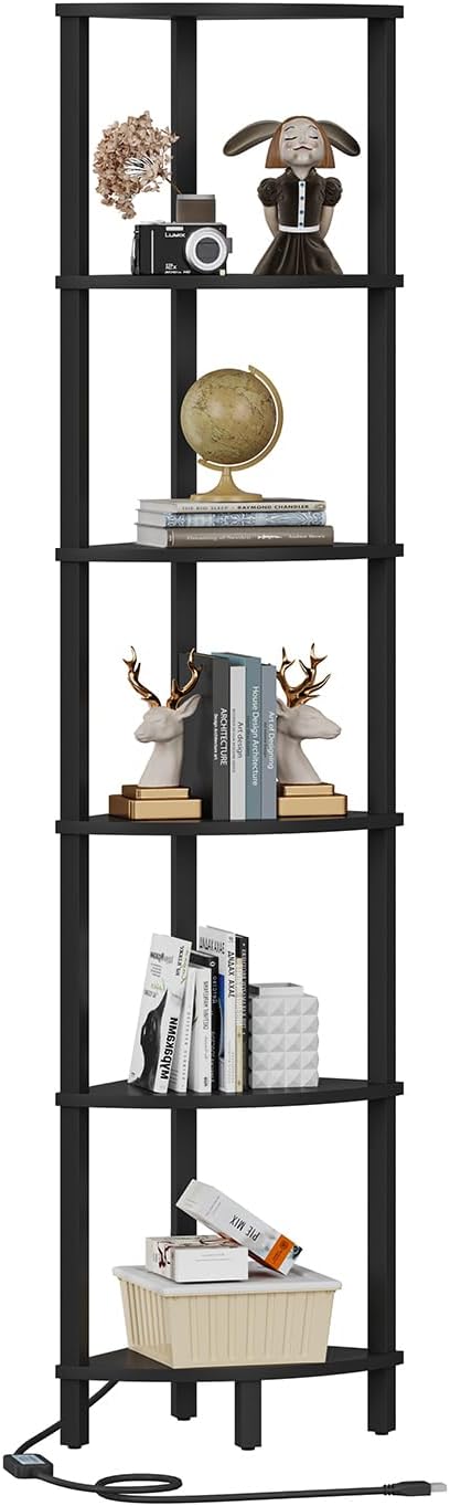 6-Tier Corner Shelf with LED Light Sturdy Black Frame