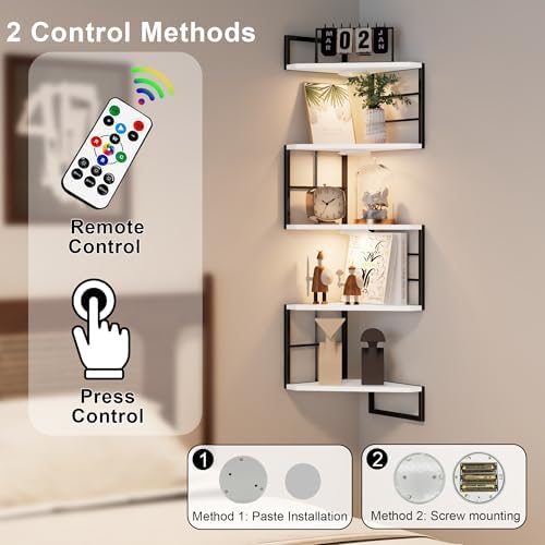 Floating Corner Shelves with Light - 5 Tiers Metal White