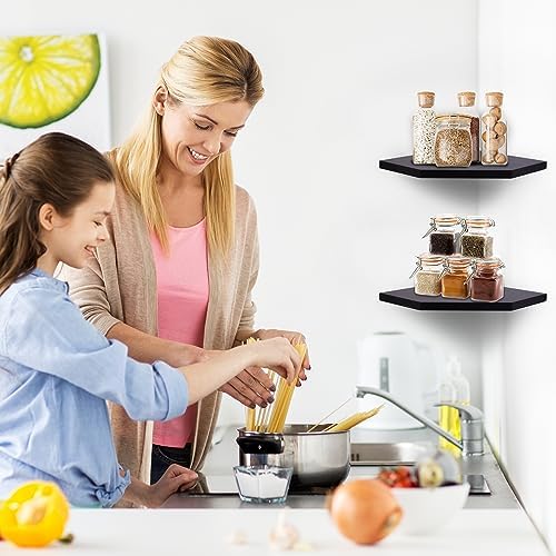 Demigo Floating Corner Shelves Set of 2 Black Acacia Wood