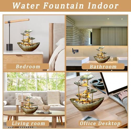 Metallic Gold 4-Tier Tabletop Fountain with Lotus and Ingot Design