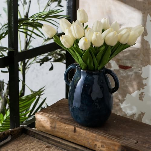 Blue Ceramic Vase with Two Handles for Farmhouse Decor