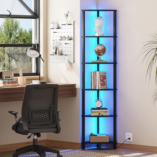 6-Tier Corner Shelf with LED Light Sturdy Black Frame
